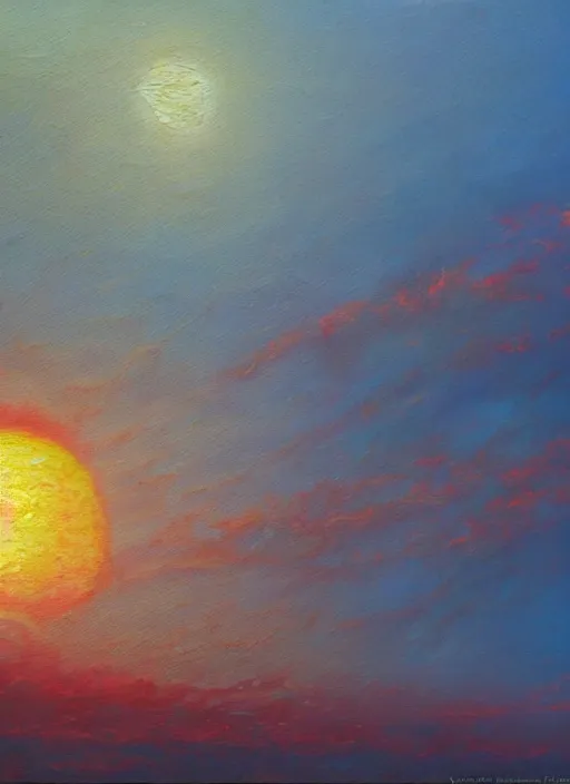 Image similar to an impressionistic painting of a red sun in a cloudy sky, an oil painting by jason a. engle, deviantart, metaphysical painting, apocalypse landscape, oil on canvas, matte drawing