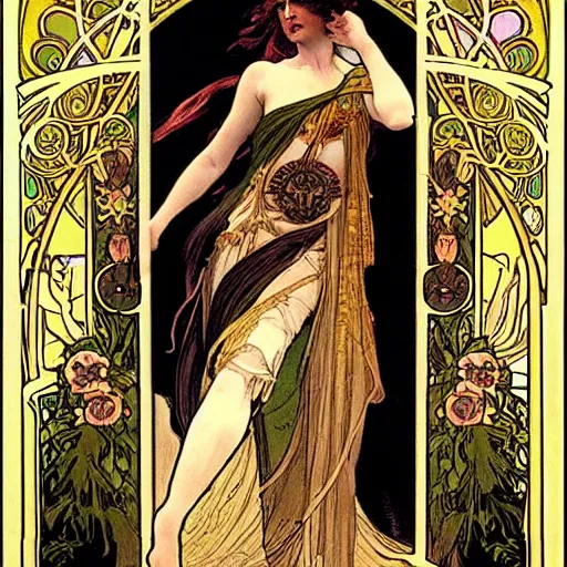 Prompt: persephone as goddess of death, painted by alphonse mucha