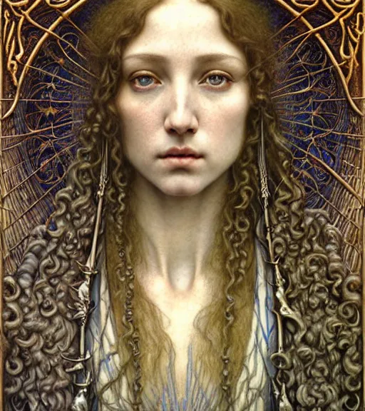 Image similar to detailed realistic beautiful young medieval queen face portrait by jean delville, gustave dore and marco mazzoni, art nouveau, symbolist, visionary, gothic, pre - raphaelite. horizontal symmetry by zdzisław beksinski, iris van herpen, raymond swanland and alphonse mucha. highly detailed, hyper - real, beautiful