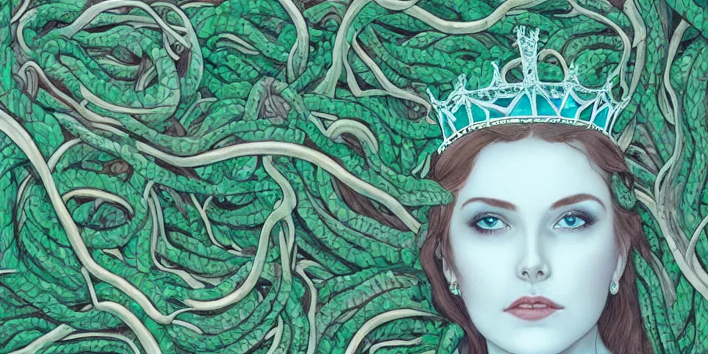 Image similar to queen of snakes, pale blue skin and emerald eyes, wearing a crown of vines