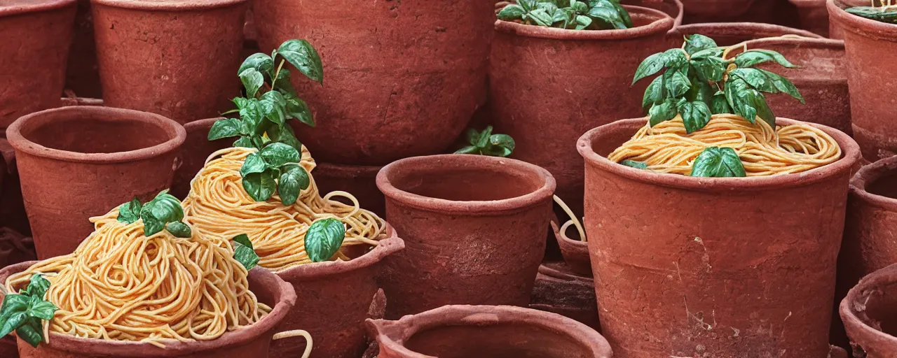 Prompt: spaghetti inside ancient terra cotta pots, middle east, fine detail, canon 5 0 mm, in the style wes anderson, kodachrome, retro