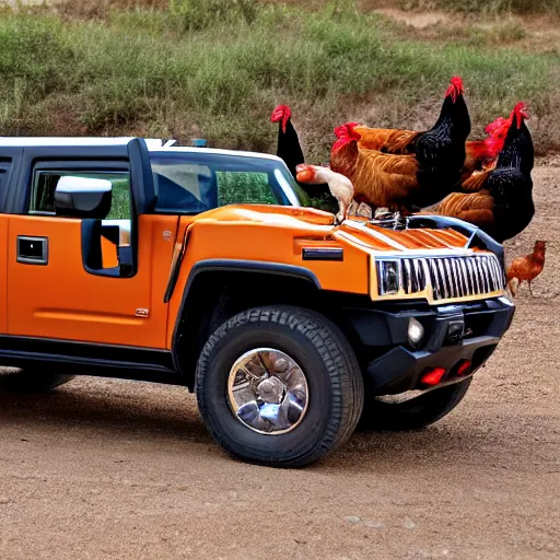 Prompt: a hummer h 2, surrounded by chickens