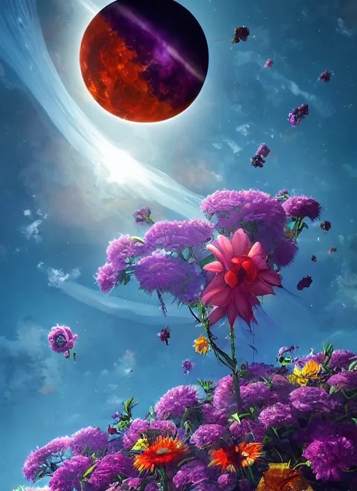 Image similar to An epic fantastic realism comic book style painting of the most beautiful flowers launched into space, bouquets, solar eclipse, fisheye, unreal 5, DAZ, hyperrealistic, octane render, dynamic lighting