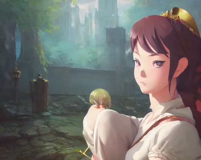 Image similar to full body portrait character concept art, oil painting anime key visual of human princess fiona, studio lighting delicate features finely detailed perfect face directed gaze, at an ancient city, gapmoe yandere grimdark, trending on pixiv fanbox, painted by greg rutkowski makoto shinkai takashi takeuchi studio ghibli