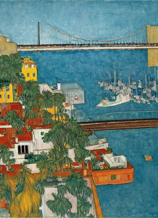 Image similar to bayonne bridge on local river, 3 boat in river, 2 number house near a lot of palm trees and bougainvillea, hot with shining sun, painting by egon schiele