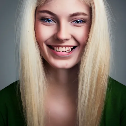 Image similar to portrait painting of woman from scandinavia, 2 0, years old, blonde hair, daz, occlusion, smiling and looking directly, brushstrokes, white background, art