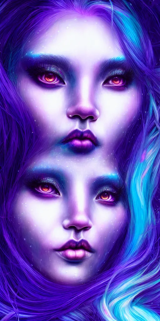 Prompt: hyperrealistic intricate close-up of beautiful moonchy woman with purple hair and pearlescent blue skin hannah yata machiej kuciara dramatic neon lighting on one side