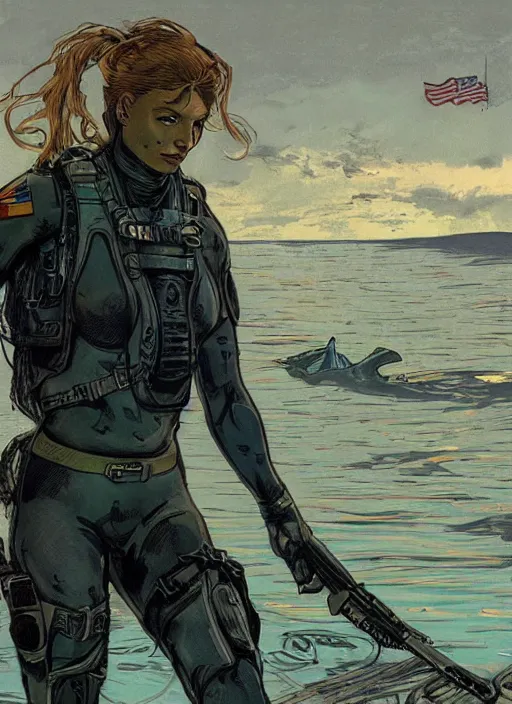 Image similar to Sonya. USN blackops operator emerging from water at the shoreline. Agent wearing Futuristic wetsuit and looking at an abandoned shipyard. rb6s, MGS, and splinter cell Concept art by James Gurney, Alphonso Mucha. Vivid color scheme.