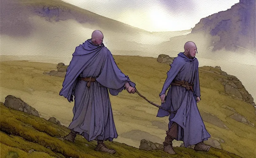 Prompt: a hyperrealist watercolour character concept art portrait of small grey medieval monks holding their hands in the air. a giant flat rock floats in the air above him. it is a misty night on the moors of ireland. by rebecca guay, michael kaluta, charles vess and jean moebius giraud