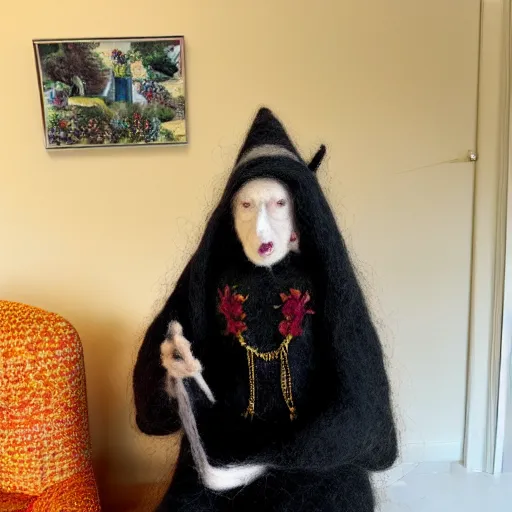 Image similar to photo of a life sized needle - felted 2 0 0 year old crone in a needle felted lounge room