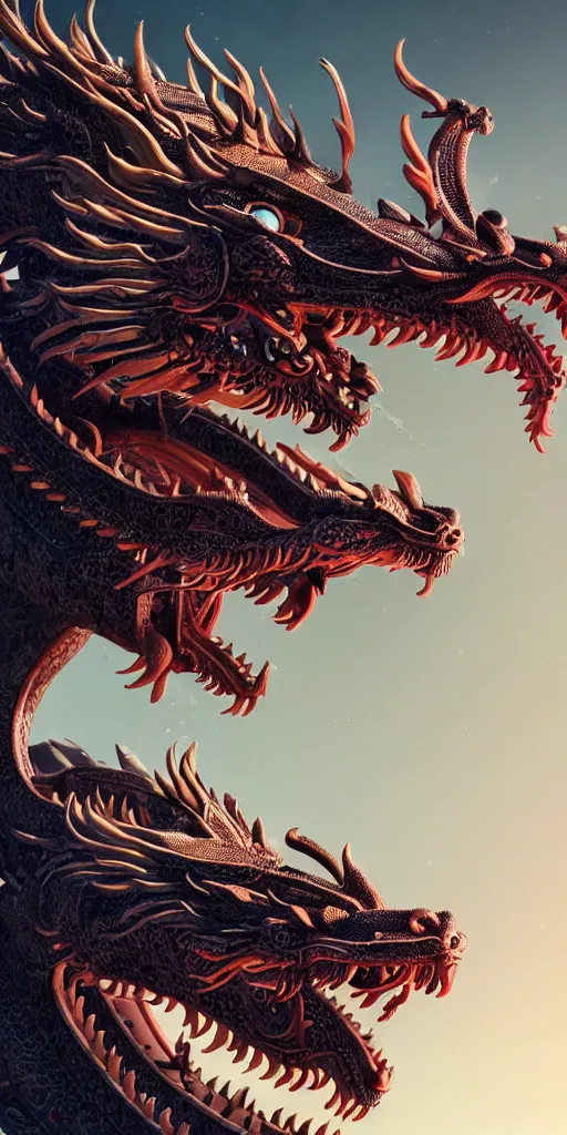 Prompt: a beautiful obverse portrait render of a single huge chinese dragon, mechanical, metal, front view, fine texture structure, hyper detailed, perfect shadows, atmospheric lighting, 3 d render, the style of pascal blanche and sparth juan zigor samaniego, paul pepera pablo roldan, victo ngai, denoise, from china, 4 k hd