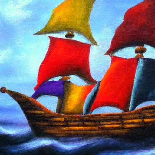 Prompt: pirate ship sailing on stormy seas, oil on canvas, vivid colors,