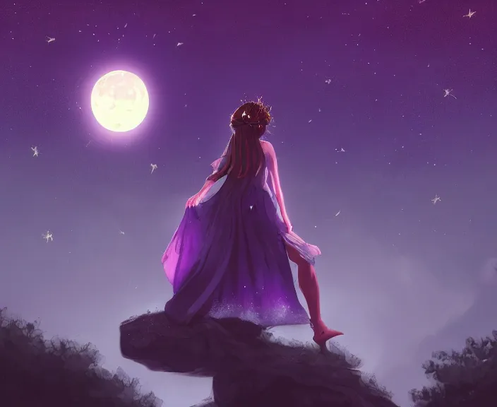 Image similar to an illustration of a mystical spiritual scene with a young woman in it, with starry dusted light and a moon, purple - tinted, high contrast, highly detailed, sharp focus, digital painting, illustration, trending on artstation,