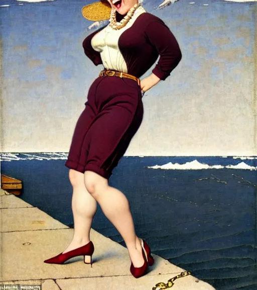 Prompt: a beautiful plump young lady holding a purse standing on a wharf at the edge of the sea by gil elvgren and william blake and norman rockwell, crisp details, hyperrealism, smiling, happy, feminine facial features, stylish navy blue heels, gold chain belt, cream colored blouse, maroon hat, windblown