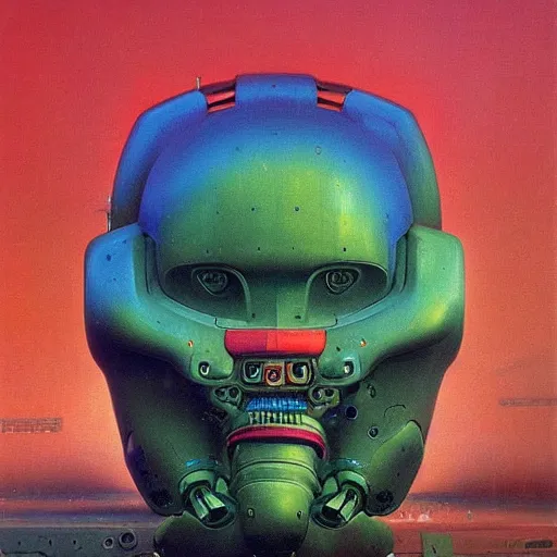 Image similar to portrait of a colourful mecha robot, painting by zdzislaw beksinski,