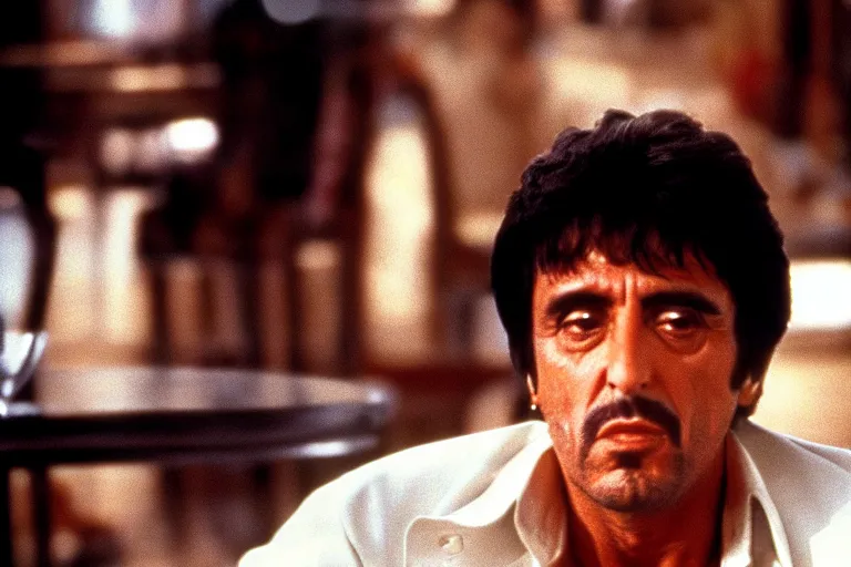 Image similar to face portrait of tony montana from movie scarface 1 9 8 3 sitting behind a big black oak table with big large packages of flour. al pacino. perfect symmetric face, coherent eyes, ron cobb, fine details, cinestill, 4 k. last scene from scarface movie, bokeh