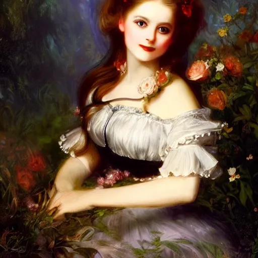 Image similar to Alice in Wonderland,a portrait of a beautiful Silver hair girl,Diamonds Blaze,Rose twining,luxuriant,dreamy, eternity, romantic,highly detailed,in the style of Franz Xaver Winterhalter, highly detailed,night lighting