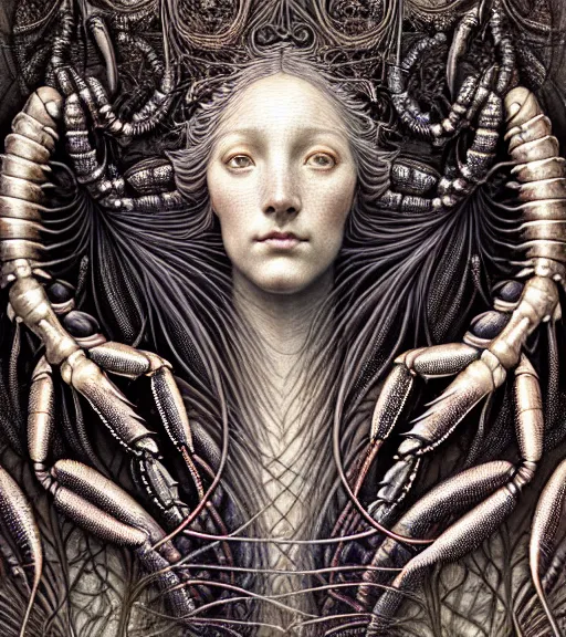 Prompt: detailed realistic beautiful lobster goddess face portrait by jean delville, gustave dore, iris van herpen and marco mazzoni, art forms of nature by ernst haeckel, art nouveau, symbolist, visionary, gothic, neo - gothic, pre - raphaelite, fractal lace, intricate alien botanicals, ai biodiversity, surreality, hyperdetailed ultrasharp octane render