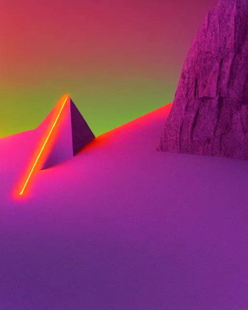 Image similar to a man standing in the middle of a mountain with a glowy neon triangle, a render by filip hodas, behance contest winner, environmental art, rendered in cinema 4 d, volumetric lighting