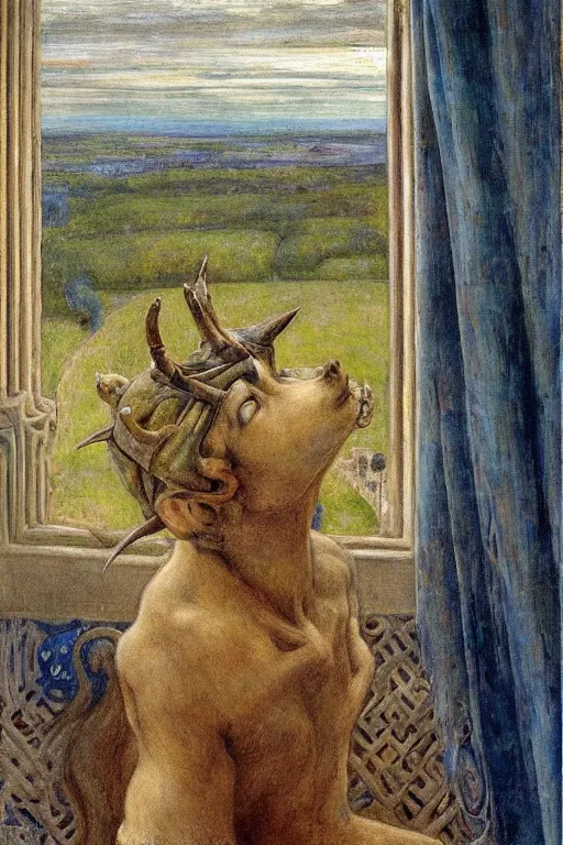 Prompt: the prince in his bone crown and regalia stands by the window at dusk,by Annie Swynnerton and Diego Rivera and Elihu Vedder, symbolist, dramatic lighting, elaborate geometric ornament, Art Brut, soft blues and greens,smooth, sharp focus, extremely detailed, Adolf Wölfli