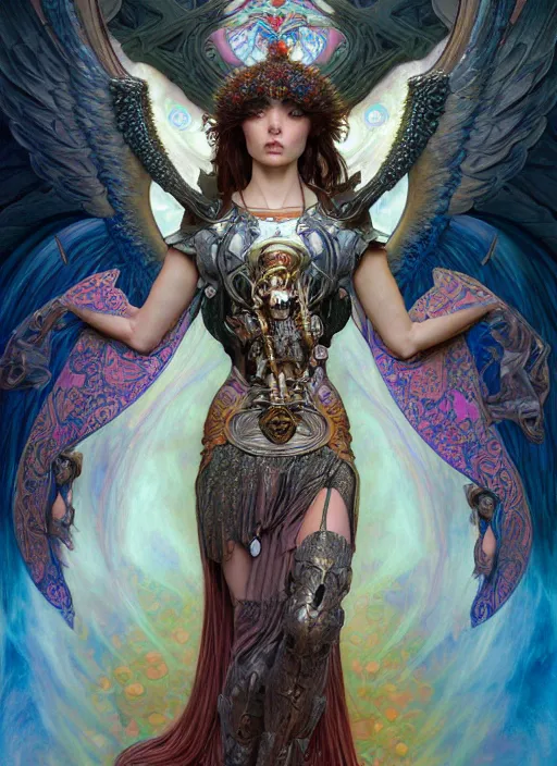 Prompt: hyper detailed masterpiece evil angel girl warrior by donato giancola and tom bagshaw, face by artgerm and edmund leighton, and alphonse mucha, trending on artstation, colorful, psychedelic aesthetic, ornate, background by gustav klimt, 8 k, biomechanical, majestic, volumetric lighting, porcelain skin, concept art, sharp focus