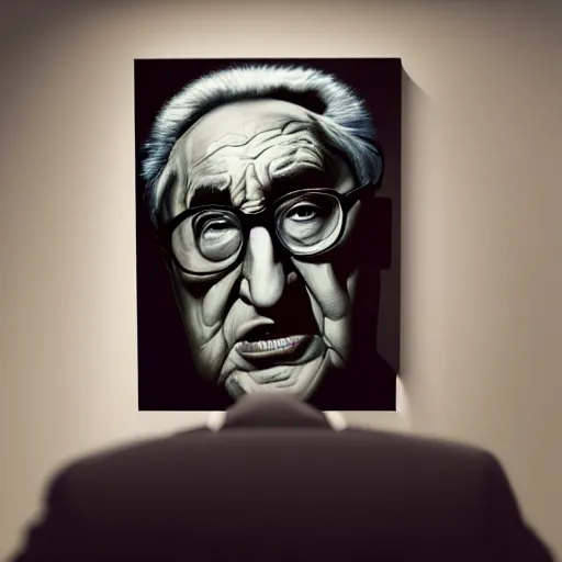 Image similar to a portrait of henry kissinger, hyper realistic, octane render, masterpiece portrait painting. dark, moody, black oil drips from his mouth and eyes, abstract brush strokes, inner glow.