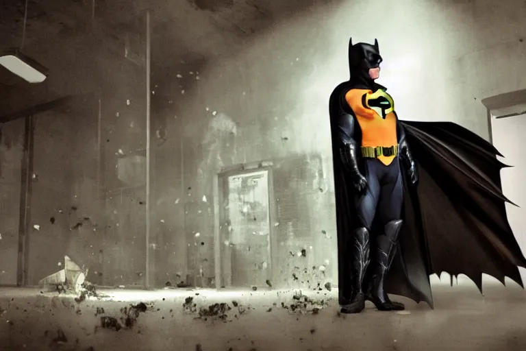 Image similar to michael keaton as batman offering lots of orange juice, dirty disgusting brown bathroom with cracked tiles and mold, atmospheric eerie lighting, dim lighting, bodycam footage, motion blur, blurry photography