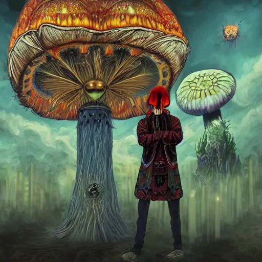 Image similar to 8K Portrait of centered chest up of a psychedelic godlike mothman shaman with moth face and giant mandala wings smoking a hand-rolled cigarette smoking heavily , magic mushroom village in background , post-processing , award winning. superb resolution. in the art style of junji Ito and greg rutkowski . Detailed Mushroom city in background. Hyper realistic anime. Perfect art. Dalle2