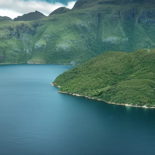 Image similar to high resolution camera capture of a a verdant large island with fjords and mountains