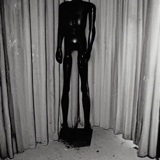 Prompt: Photograph of an abandoned 1940s liminal space, creepy mannequin standing in corner, dark, no lights, moist, taken using a film camera with 35mm expired film, bright camera flash enabled, award winning photograph, creepy, liminal space