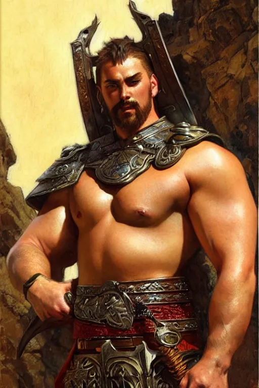 Image similar to attractive beefy male with armor, three kingdoms, character design, painting by gaston bussiere, craig mullins, j. c. leyendecker, tom of finland