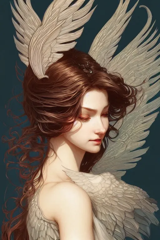 Prompt: portrait of woman with flowy hair, bird wings, confident pose, pixie, genshin impact, intricate, elegant, sharp focus, illustration, highly detailed, concept art, matte, trending on artstation, bright colors, art by wlop and artgerm and greg rutkowski, mucha, giger, marvel comics
