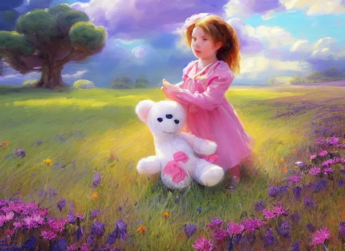 Prompt: a little girl with a teddy bear in her arms stands in a cosmic grasslands by vladimir volegov and alexander averin and peder mørk mønsted and ross tran