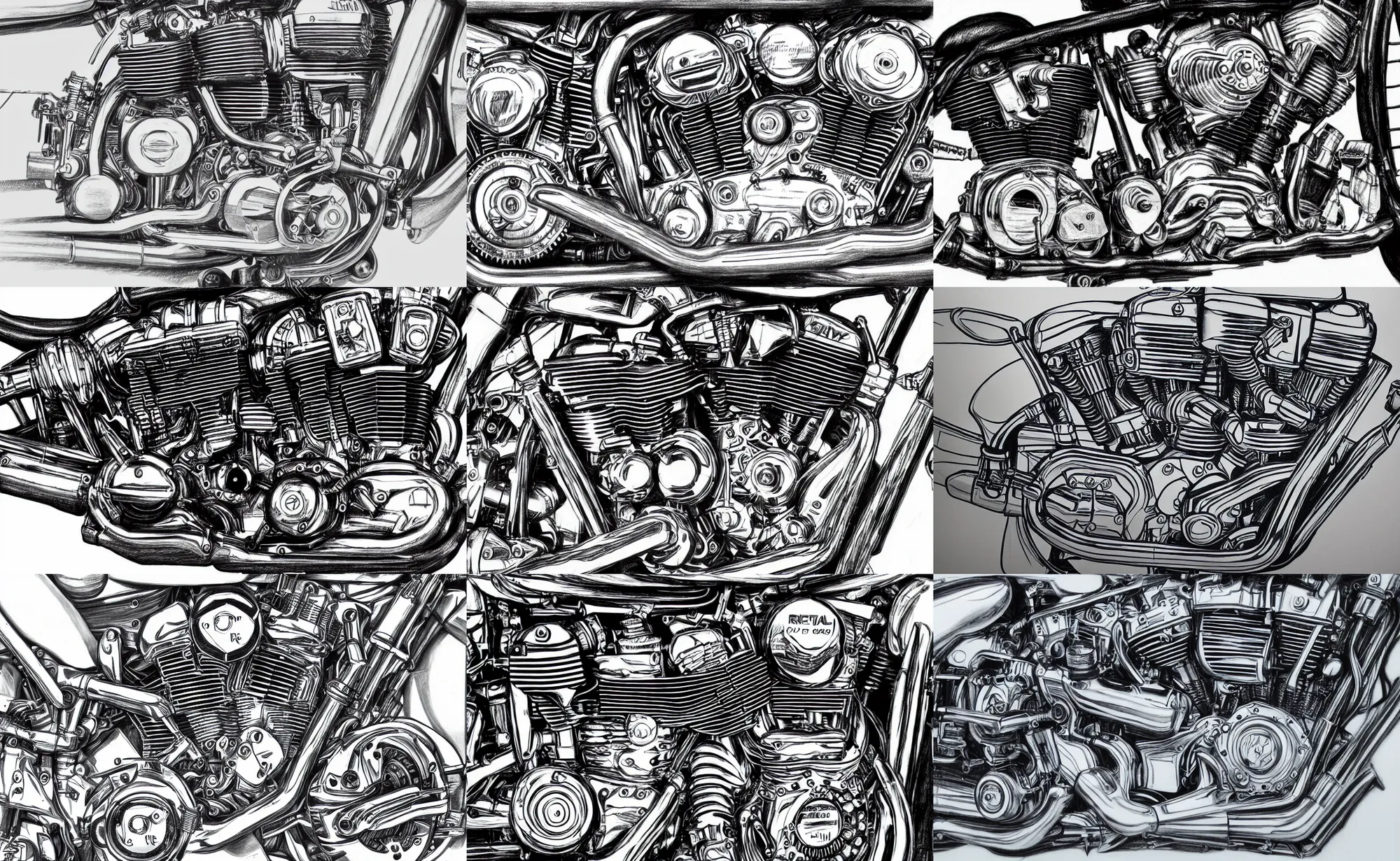 Prompt: Well-detailed rotary motorcycle engine, skillful pencil rendering magnus opus