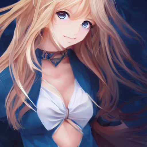 Image similar to a very beautiful anime cute girl, full body, long wavy blond hair, sky blue eyes, full round face, short smile, fancy top, miniskirt, front view, medium shot, mid-shot, highly detailed, cinematic wallpaper by Stanley Artgerm Lau