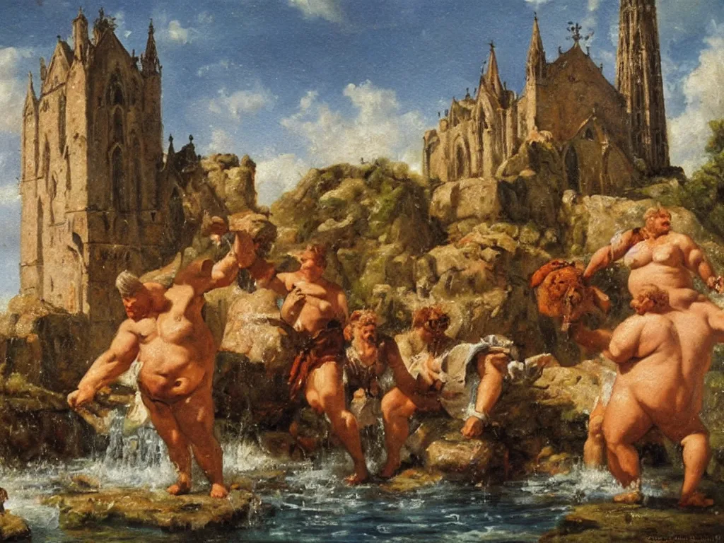 Image similar to an oil painting of obelix taking a bath in a beautiful cathedral