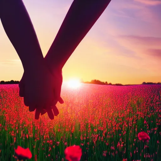 Prompt: a young couple holding hands in a field of flowers at sunset, realistic, intricate, 4k