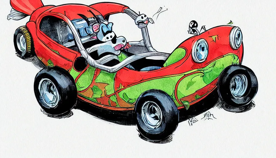 Prompt: funny, comic book style, racoon riding in a tiny hot rod coupe with oversized engine, ratfink style by ed roth, centered award winning watercolor pen illustration, by chihiro iwasaki, edited by range murata