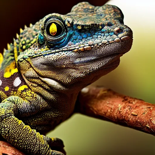 Prompt: An award winning photo of a single Tokay crocodile chameleon sitting on the back of an elephant, environmental portrait, wildlife photography, National Geographic, 4k