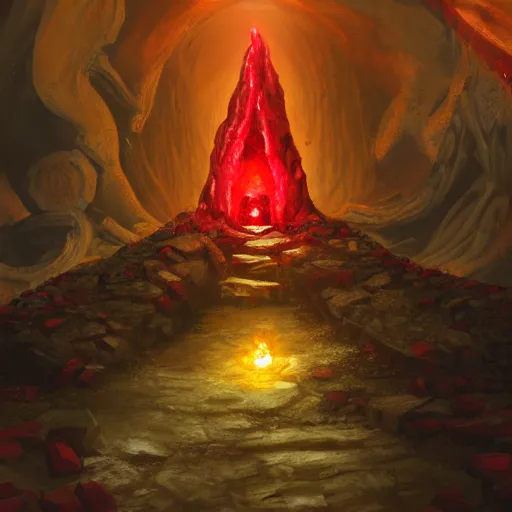 Image similar to a red ruby throne atop a mountain of gold coins and treasure, glowing in a dark cavern, concept art, fantasy, realistic, 8k, moody, atmospheric, artstation award