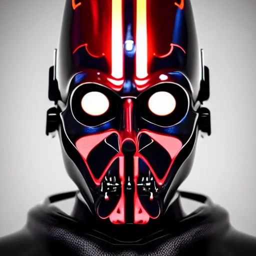 Image similar to chrome darth maul, glossy, metallic, neon, symmetrical, tribal patterns, realistic, unreal engine, octane, redshift, artstation, behance