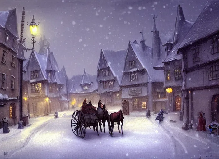 Image similar to a night scene of a snowy town with a horse drawn carriage, a detailed matte painting by anton pieck, deviantart contest winner, fantasy art, concept art, official art, matte drawing