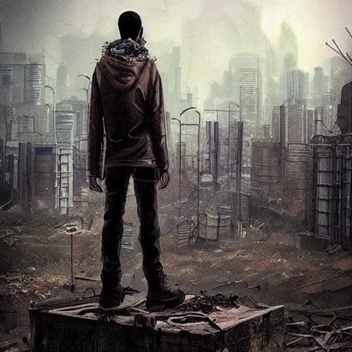 Image similar to “an android boy in a post apocalyptic, over grown super metropolis searching for people.”