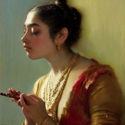 Prompt: detailed portrait of hindu traditional girl smoking joint i baroque painting, girl graceful, eyes closed, painting by gaston bussiere, craig mullins, j. c. leyendecker