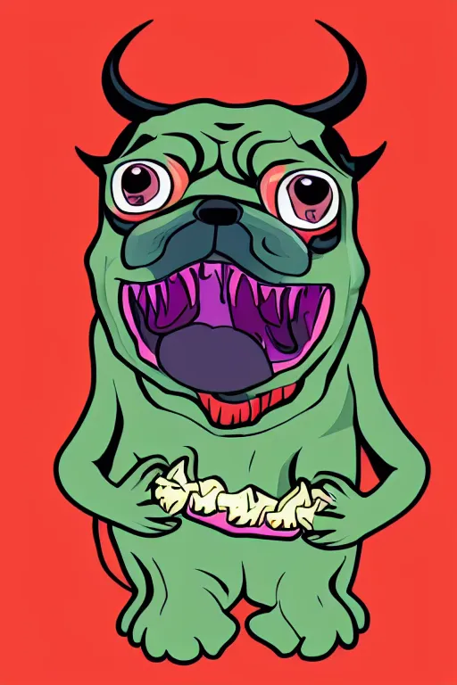 Image similar to demon pug eating flesh. art by samantha mash, sticker, colorful, illustration, highly detailed, simple, smooth and clean vector curves, no jagged lines, vector art, smooth