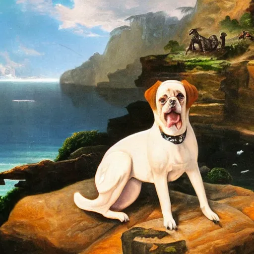 Image similar to two dogs are sitting on the a rock and looking at the bay, waterfall and fight of godzillas, oil painting, high detailed