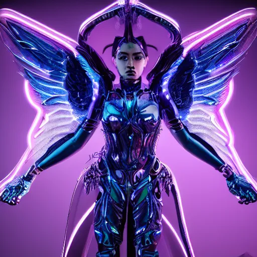 Image similar to a photo of 8 k ultra realistic archangel with 6 wings, full body, intricate purple and blue neon armor, ornate, cinematic lighting, trending on artstation, 4 k, hyperrealistic, focused, high details, unreal engine 5, cinematic