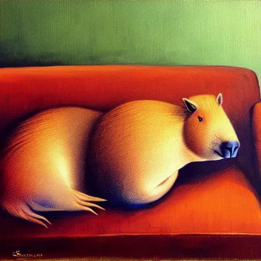 Image similar to capybara relaxing on couch | style salvadore dali | oil painting | featured artstation | impressionist