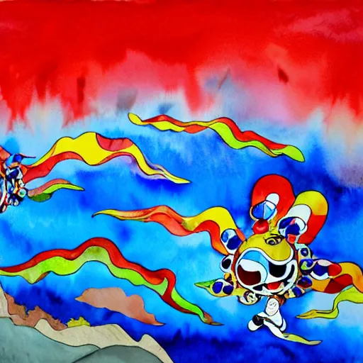 Image similar to Three bright red demons flying up from a desert canyon in the style of Takashi Murakami, highly detailed, watercolor background, Kids See Ghosts