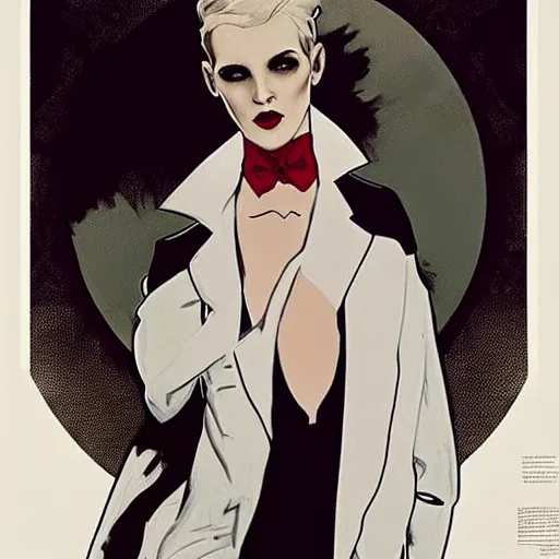 Image similar to fetching portrait of androgynous ruby rose as desire from sandman in a white tuxedo!!!, rockabilly style,, by alphonse mucha, by jeremy mann, by peter lindbergh, dave mckean, by frank moth, white suit and black tie, soft lightning, high detailed, 8 k